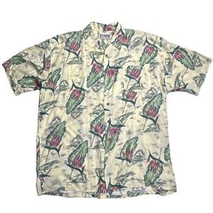 Vintage Club Newport Yellow Hawaiian Camp Button Up Shirt Men Size XL Floral
